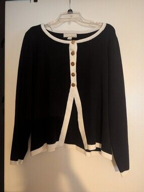 Black Cardigan with White Trim and Gold Buttons